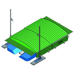 Shed on fixed wheels for reversible pole-vault landing system 7.80 x 5.60m